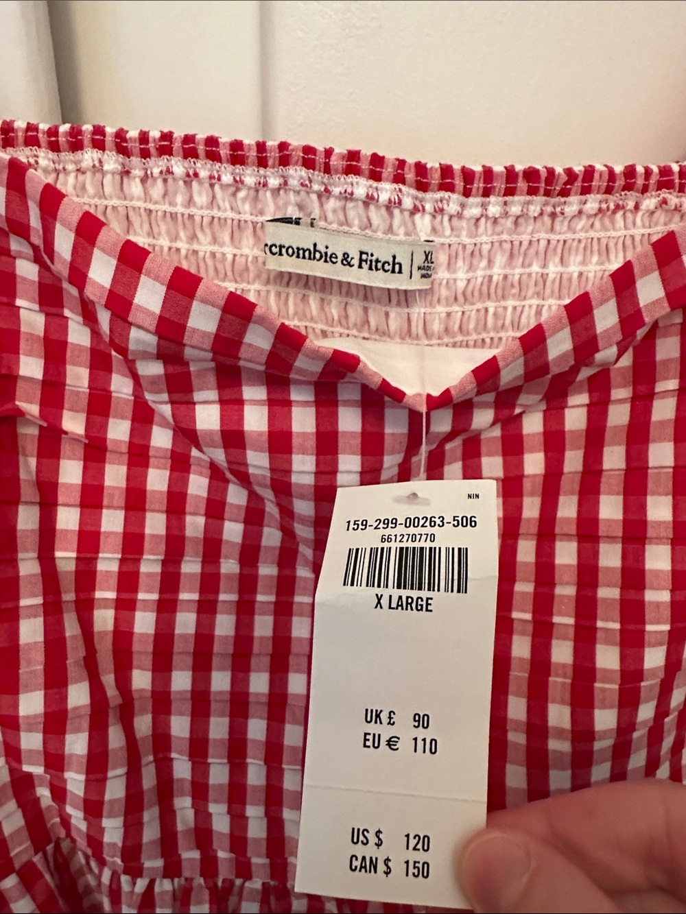 NWT Abercrombie & Fitch Red and White Gingham Puff Sleeved Midi Dress - Picture 3 of 4